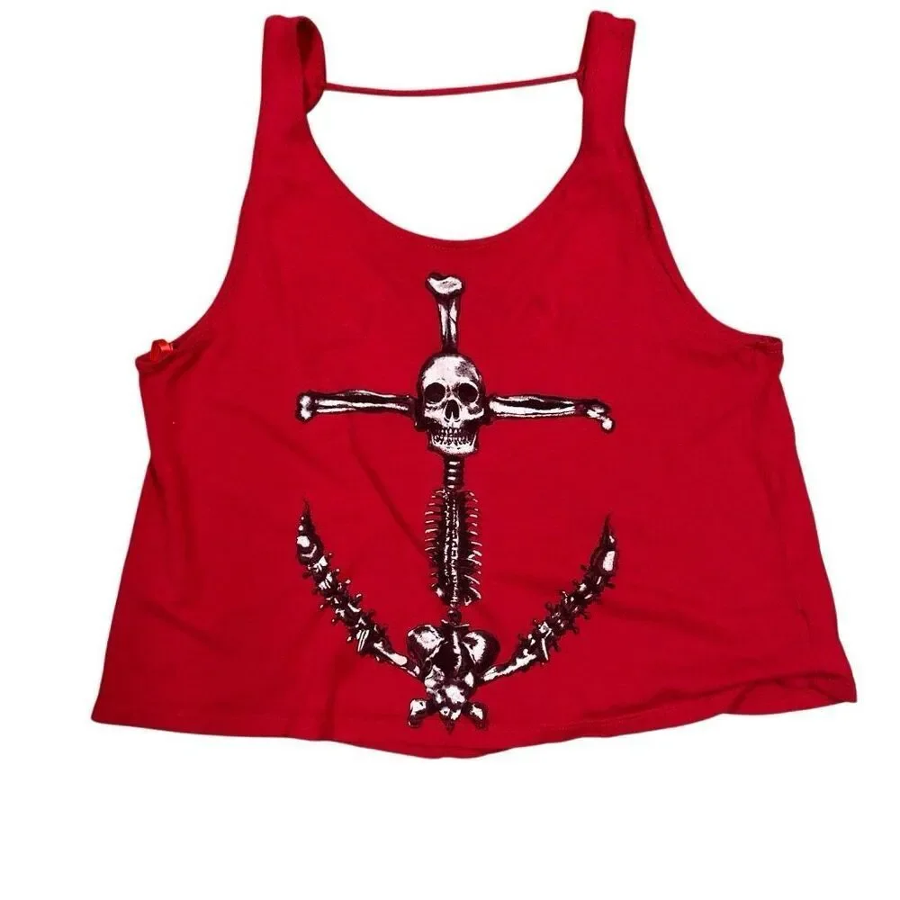 Y2K Hot Topic Indie Sleaze Red Skull Anchor Pirate Top SM